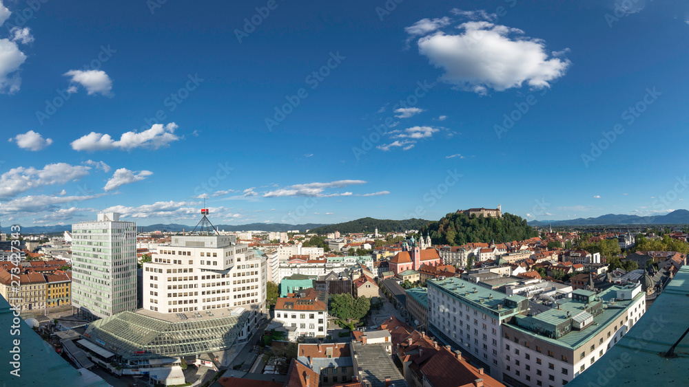 Panoramic view of Ljubljana city center with Castle and shopping streets, Slovenia