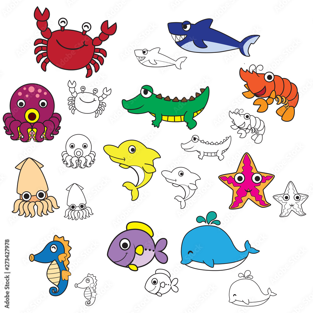 Cartoon Vertor image of Water animal Crab, Crocodile, Fish, Octopus,  Seahorse, Dolphin, Shark, Squid, Starfish, Whale, Shrimp Stock Vector |  Adobe Stock