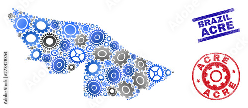 Cog vector Acre State map collage and seals. Abstract Acre State map is designed from gradiented scattered gears. Engineering territory plan in gray and blue colors,