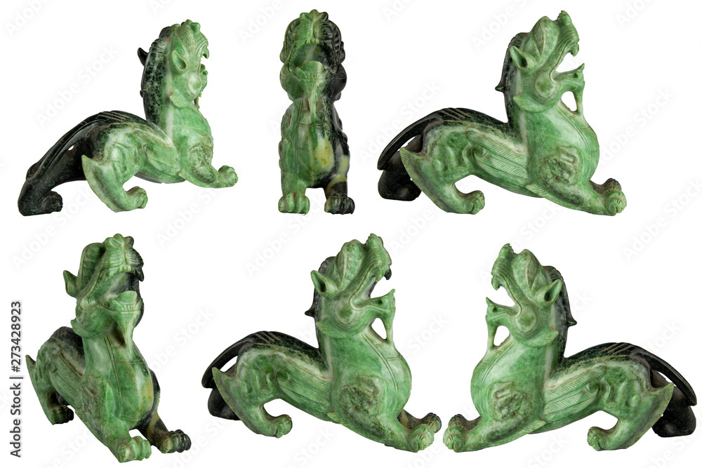 Set green Jade Pixiu is Chinese lucky animal of china on white background have path Set green Jade Pixiu is Chinese lucky animal of china on white background have path