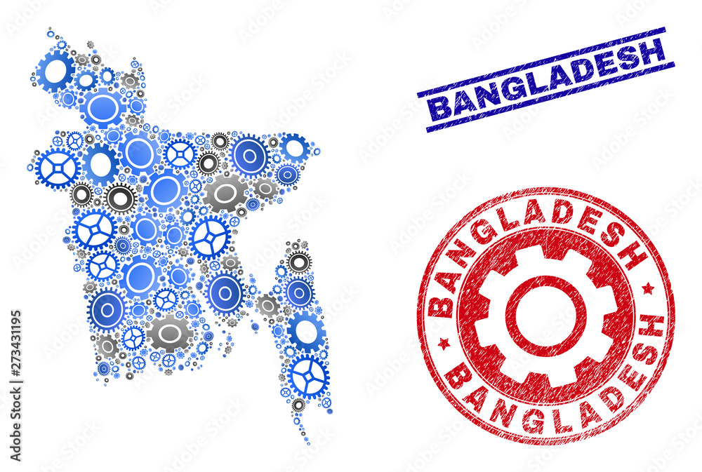 Workshop vector Bangladesh map composition and stamps. Abstract Bangladesh map is composed of gradiented scattered gearwheels. Engineering territorial scheme in gray and blue colors,