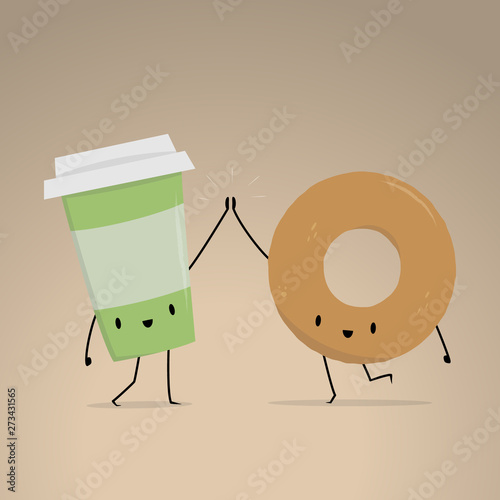 Cute Coffee Cup and Delicious Bagel High Five