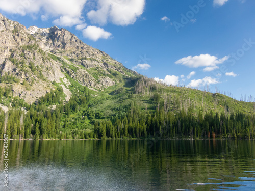 A fresh water lake in Montana with blue sky and clouds.