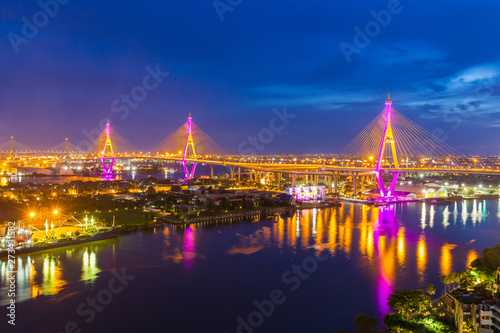 Bhumibol Bridge is one of the most beautiful bridges in Thailand and area view for Bangkok.The name of this bridge comes from the name of The king of Thailand. Translate text"Bhumibol Bridge". © powerbeephoto