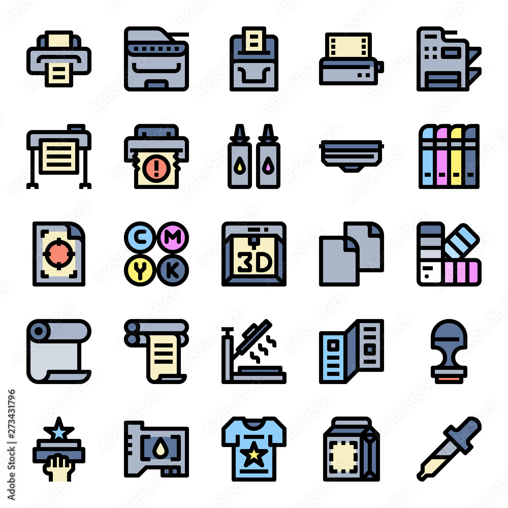 Printer and plotter outline color icons Printer and plotter outline color icons