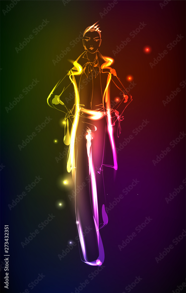 Hand-drawn fashion model from a neon. A light girl's. Fashion girl. Stylish fashion model. Fashion woman