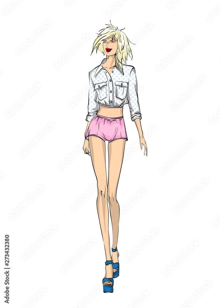Beautiful young women in shorts and blouse. Hand drawn fashion girl. Fashion model posing. Sketch. Vector illustration.