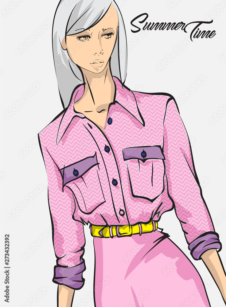Hand drawn beautiful young woman in pink dress. Stylish summer outfit. Fashion woman look. Fashion model posing. Sketch Hand drawn beautiful young woman in pink dress. Stylish summer outfit. Fashion woman look. Fashion model posing. Sketch