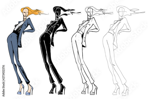 Fashion models sketch hand drawn , stylized silhouettes isolated.Vector fashion illustration set.