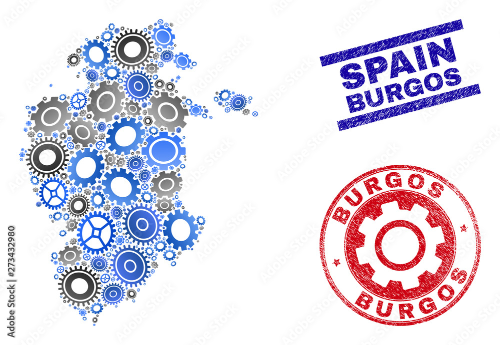 Wheel vector Burgos Province map composition and seals. Abstract Burgos Province map is created from gradient scattered cogwheels. Engineering geographic plan in gray and blue colors,