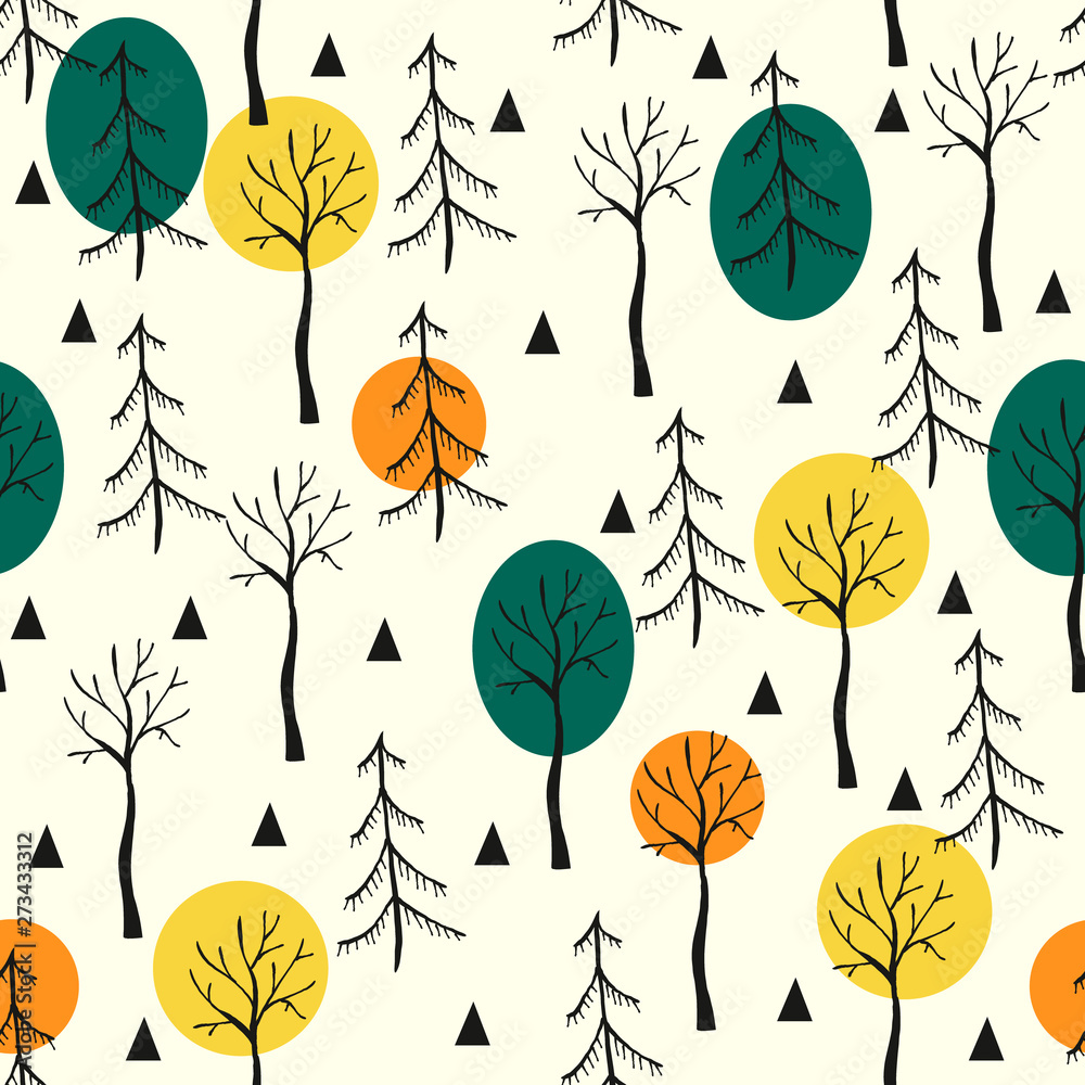 Vector seamless pattern of autumn forest in scandinavian style. Repeater background with cartoon doodle tree and fur-tree for posters, wrapping, textile, leaflet or web Vector seamless pattern of autumn forest in scandinavian style. Repeater background with cartoon doodle tree and fur-tree for posters, wrapping, textile, leaflet or web