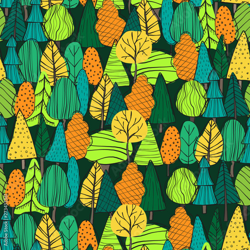 Vector seamless pattern of autumn forest in scandinavian style. Repeater back...