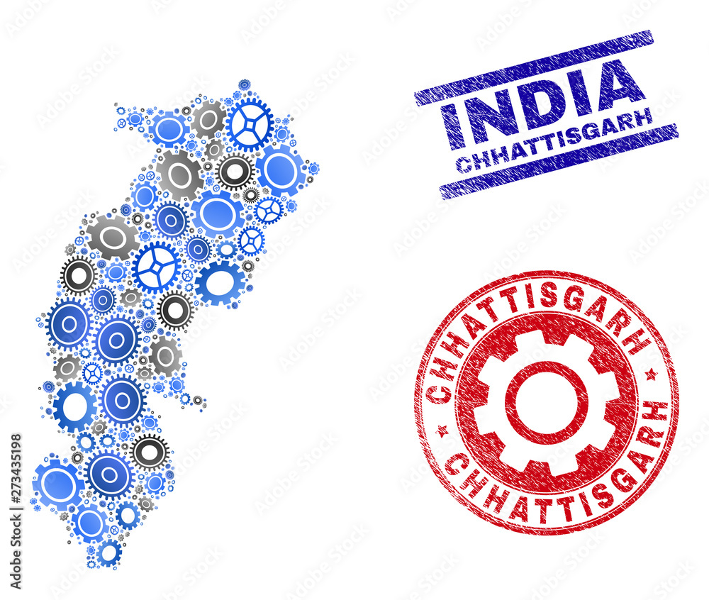 Gear vector Chhattisgarh State map mosaic and seals. Abstract Chhattisgarh State map is created from gradiented scattered gear wheels. Engineering territorial plan in gray and blue colors, Gear vector Chhattisgarh State map mosaic and seals. Abstract Chhattisgarh State map is created from gradiented scattered gear wheels. Engineering territorial plan in gray and blue colors,
