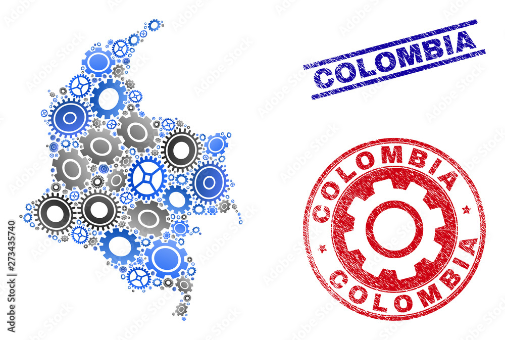 Industrial vector Colombia map composition and seals. Abstract Colombia map is designed of gradiented scattered gears. Engineering territorial plan in gray and blue colors,