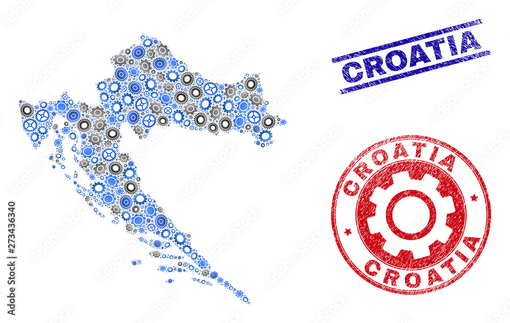 Cog vector Croatia map collage and seals. Abstract Croatia map is designed from gradient scattered cogwheels. Engineering territory scheme in gray and blue colors, Cog vector Croatia map collage and seals. Abstract Croatia map is designed from gradient scattered cogwheels. Engineering territory scheme in gray and blue colors,