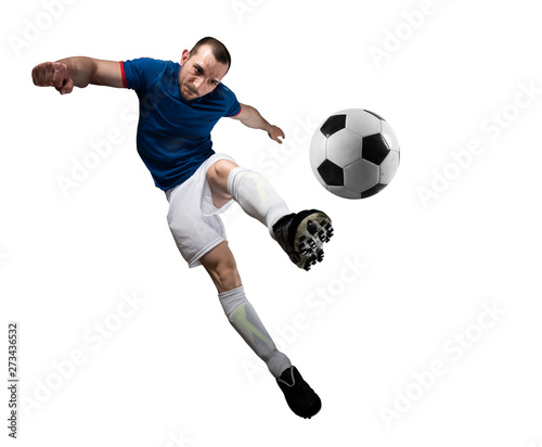 Soccer player with soccerball ready to play. Isolated on white background. © alphaspirit