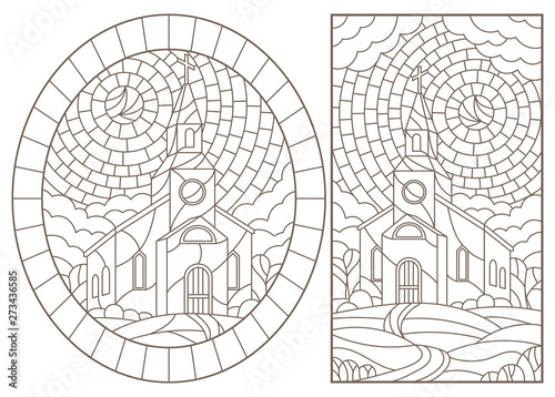 Set of contour illustrations of stained glass Windows with temples on the background of landscapes, dark contours on a white background
