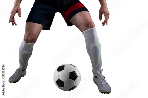 Soccer player ready to kick the soccerball at the stadium during the match. Isolated on white background