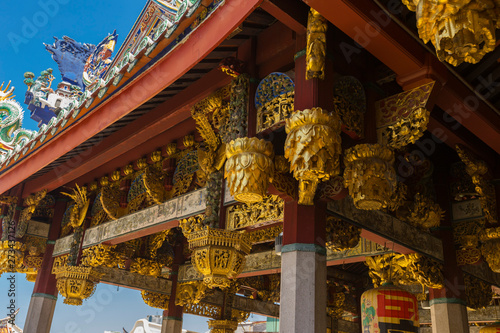 Exterior view of Leong San Tong Khoo Kongsi clanhouse against blue sky in Penang, Malaysia photo