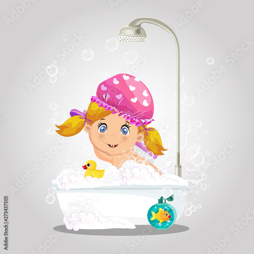 Baby in bath. girl washing hat taking bubble bath