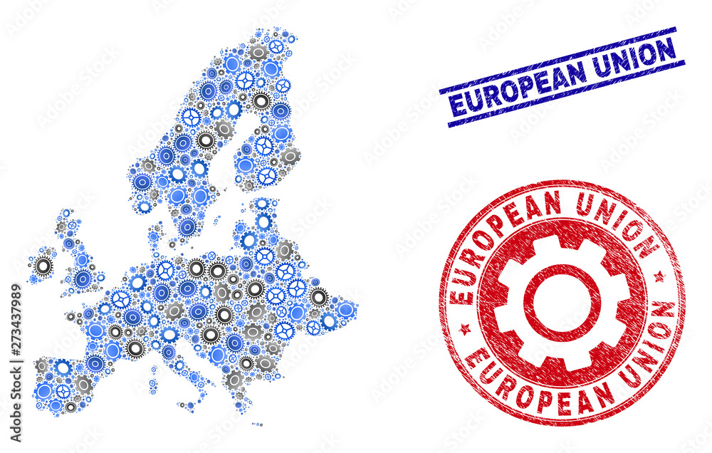 Gear vector European Union map composition and seals. Abstract European Union map is created from gradient randomized gearwheels. Engineering territorial scheme in gray and blue colors, Gear vector European Union map composition and seals. Abstract European Union map is created from gradient randomized gearwheels. Engineering territorial scheme in gray and blue colors,