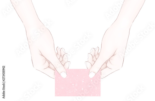 名刺交換 ピンク色の名刺を差し出すビジネスウーマンの手 Stock イラスト Adobe Stock