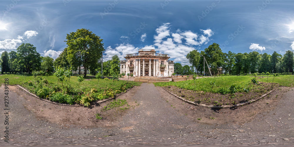 full seamless spherical hdri panorama 360 degrees angle view near stone abandoned ruined palace and park complex in equirectangular projection, VR AR virtual reality content