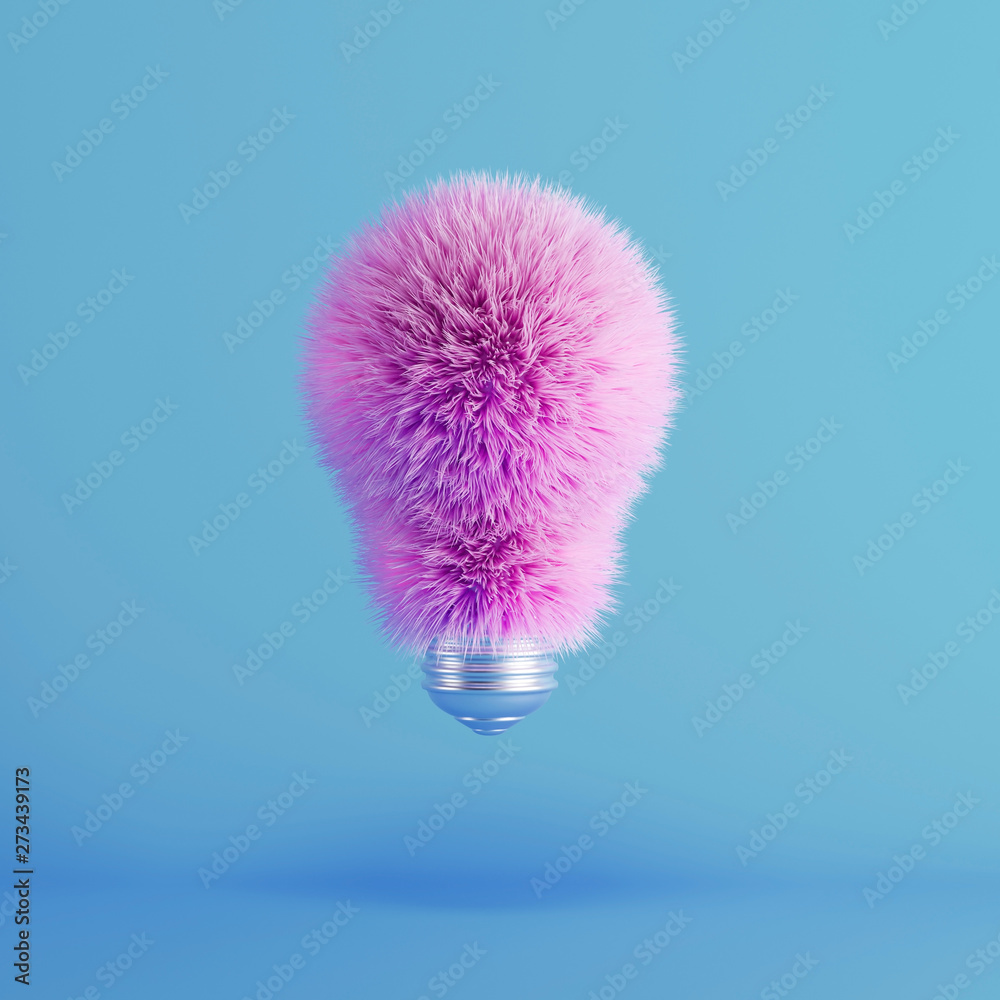 Pink Fur Light Bulb on floating blue background. minimal idea creative concept. 3D Render. - obrazy, fototapety, plakaty 