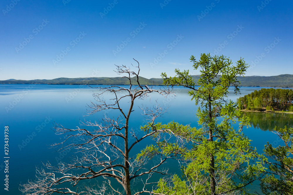 Aerial footage of picturesque summer nature; drone flying along rocky shore of lake overgrown with coniferous forest reflecting in mirror surface of Turgoyak mountain lake; travel and laisure activity