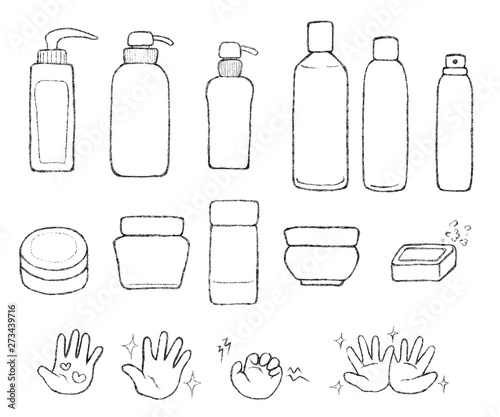 化粧品ボトルと人の手で安全性を示したシンプルな線画イラスト モノクロ Stock Illustration Adobe Stock