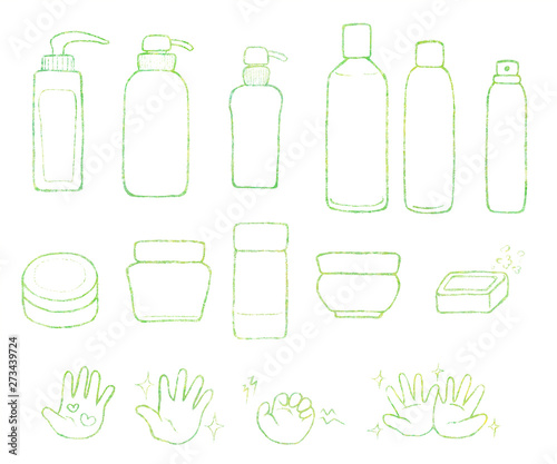 化粧品ボトルと人の手で安全性を示したシンプルな線画イラスト グリーン 自然派