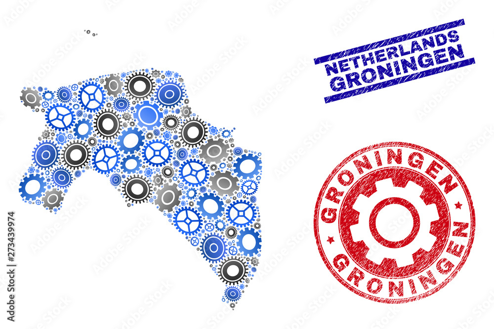 Cog vector Groningen Province map mosaic and seals. Abstract Groningen Province map is created of gradient scattered gear wheels. Engineering territory scheme in gray and blue colors,