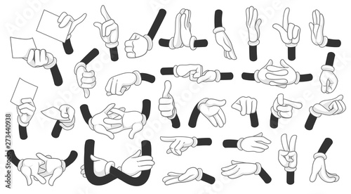 Cartoon gloved hands showing different symbols vector illustration objects set isolated on a white background