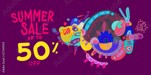 Summer Sale 50% discount Colorful Banner Doodle illustration 