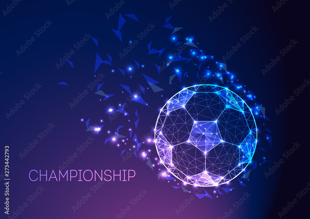 Football championship concept with futuristic soccer ball on dark blue purple gradient background.