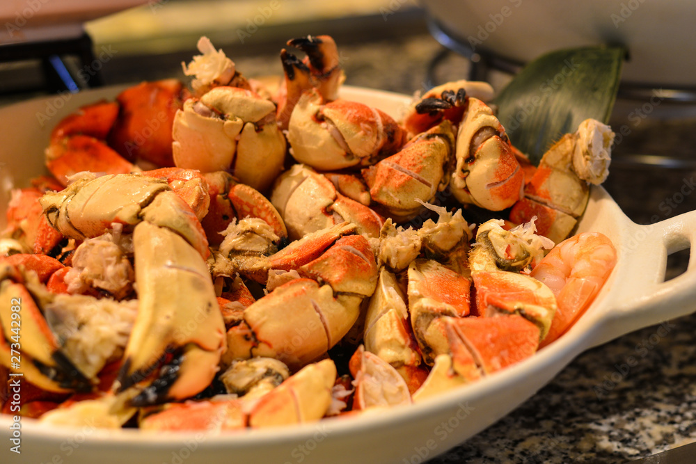 Seafood buffet line in hotel restaurant Seafood buffet line in hotel restaurant