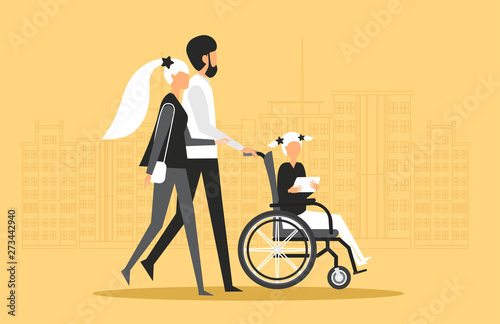 Design concept picture of international family they help little white girl, child in a manual wheelchair, disabled carriage. Big city on yellow background. Vector illustration.