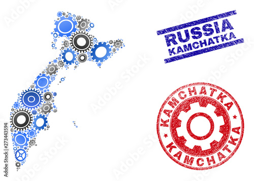 Cog vector Kamchatka map mosaic and seals. Abstract Kamchatka map is done with gradient scattered cogwheels. Engineering geographic scheme in gray and blue colors,