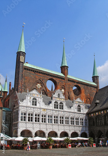 Town Hall or Lubecker Rathaus at the market square in Lubeck. Schleswig-Holstein, northern Germany. UNESCO World Heritage