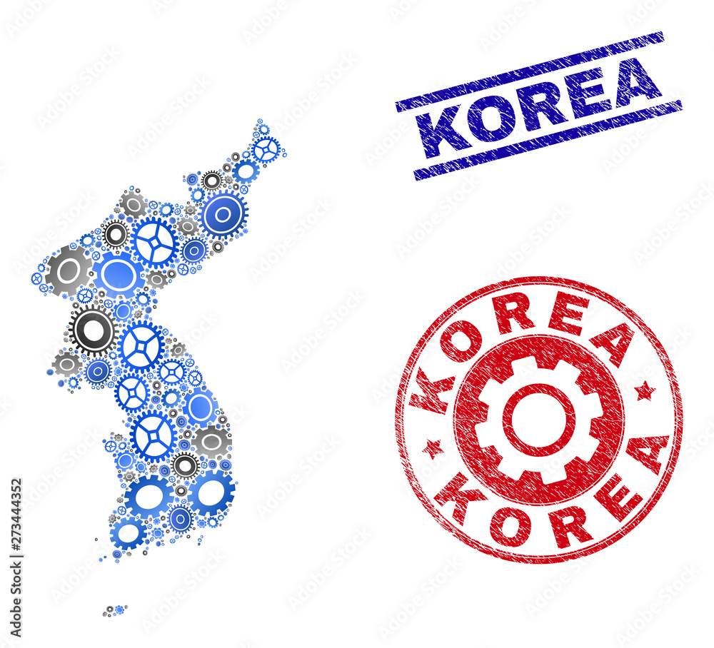 Wheel vector Korea map collage and stamps. Abstract Korea map is designed from gradiented random gear wheels. Engineering territorial scheme in gray and blue colors, Wheel vector Korea map collage and stamps. Abstract Korea map is designed from gradiented random gear wheels. Engineering territorial scheme in gray and blue colors,