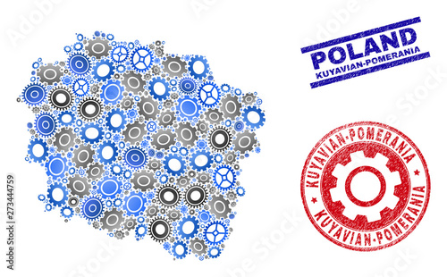 Repair service vector Kuyavian-Pomeranian Voivodeship map collage and stamps. Abstract Kuyavian-Pomeranian Voivodeship map is organized of gradient randomized gearwheels. photo