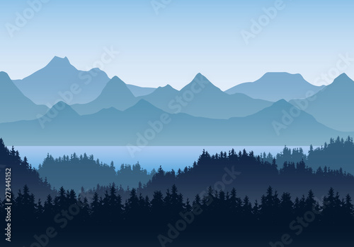 Realistic illustration of mountain landscape with hills and coniferous forest under blue sky. Lake or river. Suitable as a holiday or travel advertisement, vector