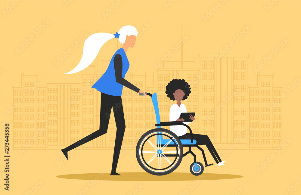 Fototapeta premium Design concept picture of white woman who helps little black girl, child in a manual wheelchair, disabled carriage. Big city on yellow background. Vector illustration.