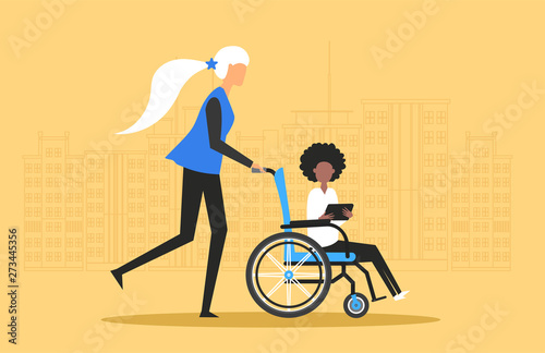 Design concept picture of white woman who helps little black girl, child in a manual wheelchair, disabled carriage. Big city on yellow background. Vector illustration.