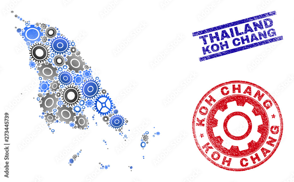 Repair workshop vector Koh Chang map composition and seals. Abstract Koh Chang map is done with gradient scattered gearwheels. Engineering geographic plan in gray and blue colors,