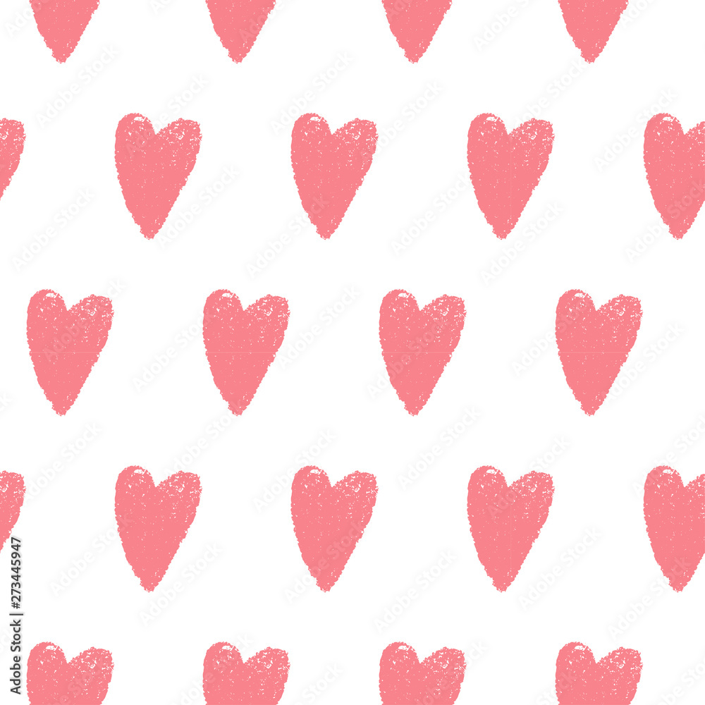 Abstract pink seamless heart pattern. Isolated on white background. Brush strokes. Ink illustration. Ornament for Valentine's day.
