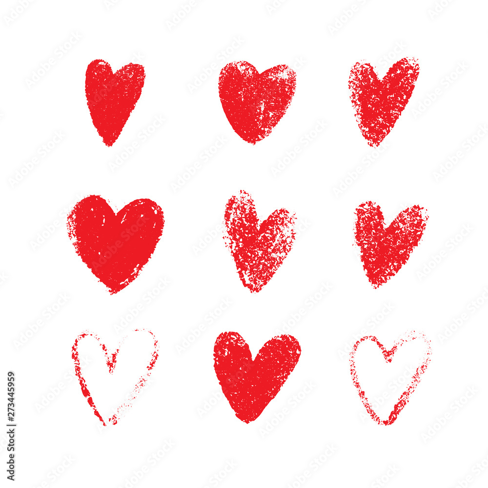 Red hand drawn grunge hearts isolated on white background. Set of love symbols in the shape of heart. Vector illustration for your graphic design