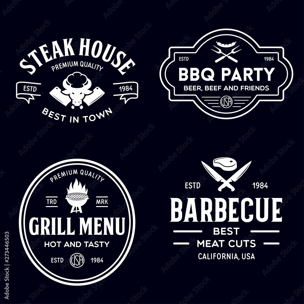 Fototapeta premium Steak House, barbecue, bbq party, restaurant logo templates. Collection elements for grill menu design.