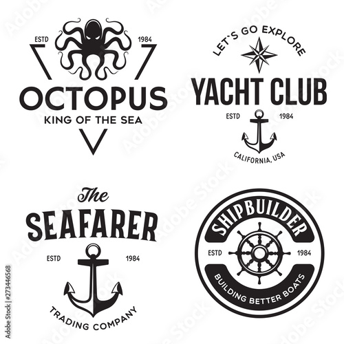 Set of sea and nautical typography badges and design elements. Templates for company logo. Marine cruise, yacht club, trading companym, shipbuilding and other themes.