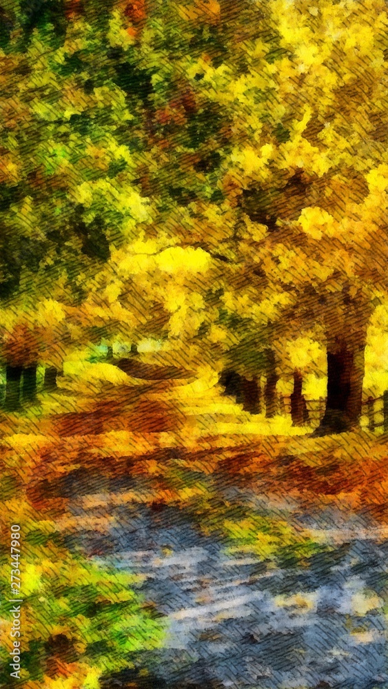 Beautiful, colorful autumn road in holiday fall watercolor painting wallpaper background